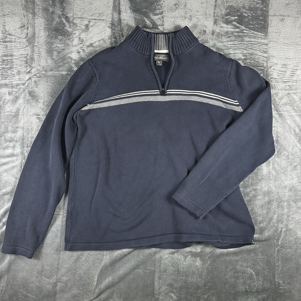 Eddie Bauer Mens 2XL Navy Quarter Zip Sweater Pullover Striped Cotton Blend - Picture 1 of 7